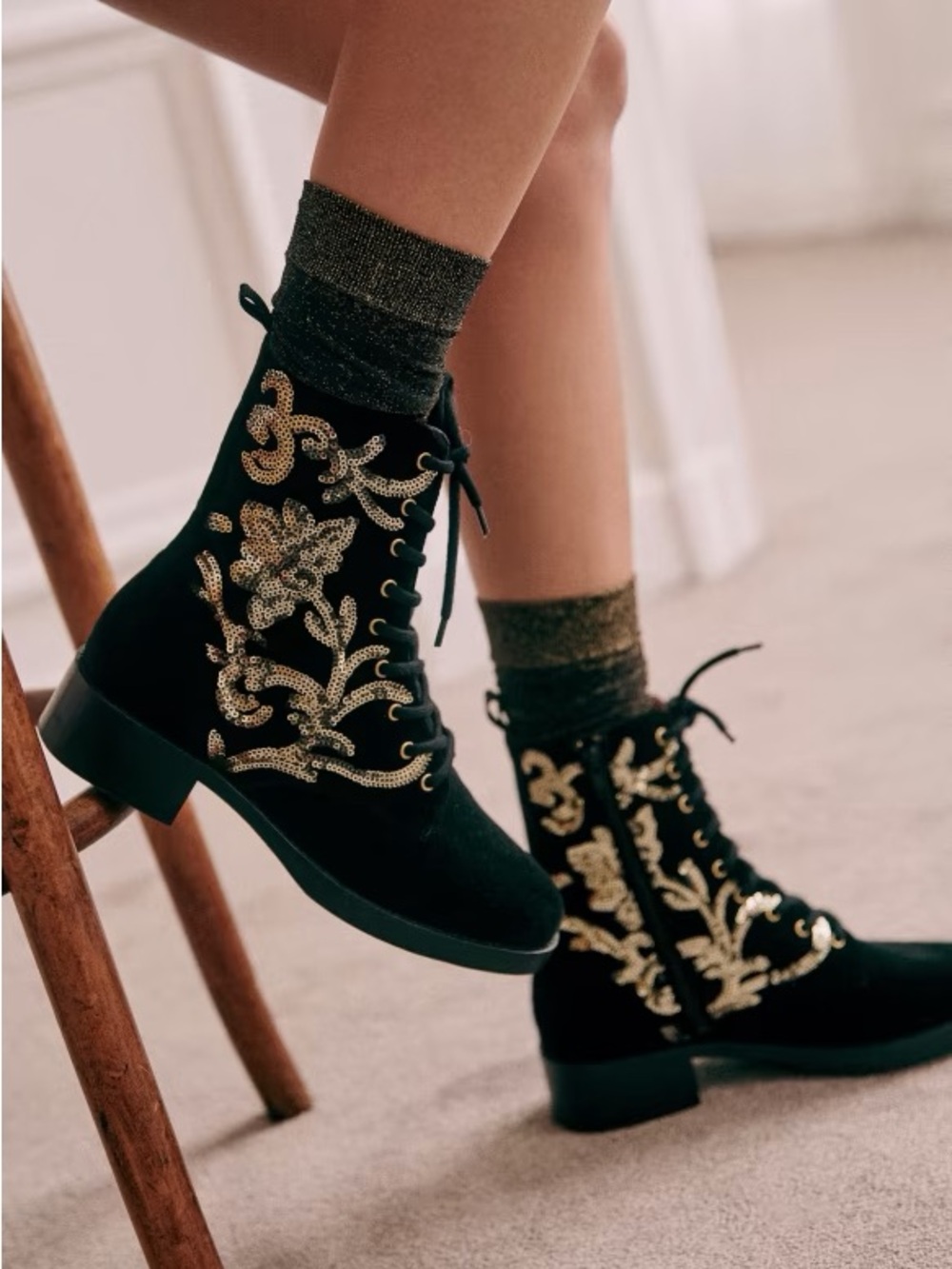 Sezane Black Velvet Lace-Up Boots with Gold Embroidery